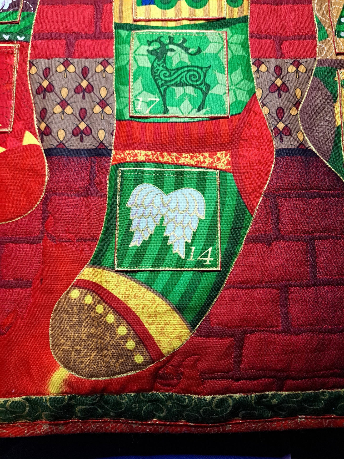 Quilted Fabric Advent Calendar "Stockings on the Hearth" 23" x 25"