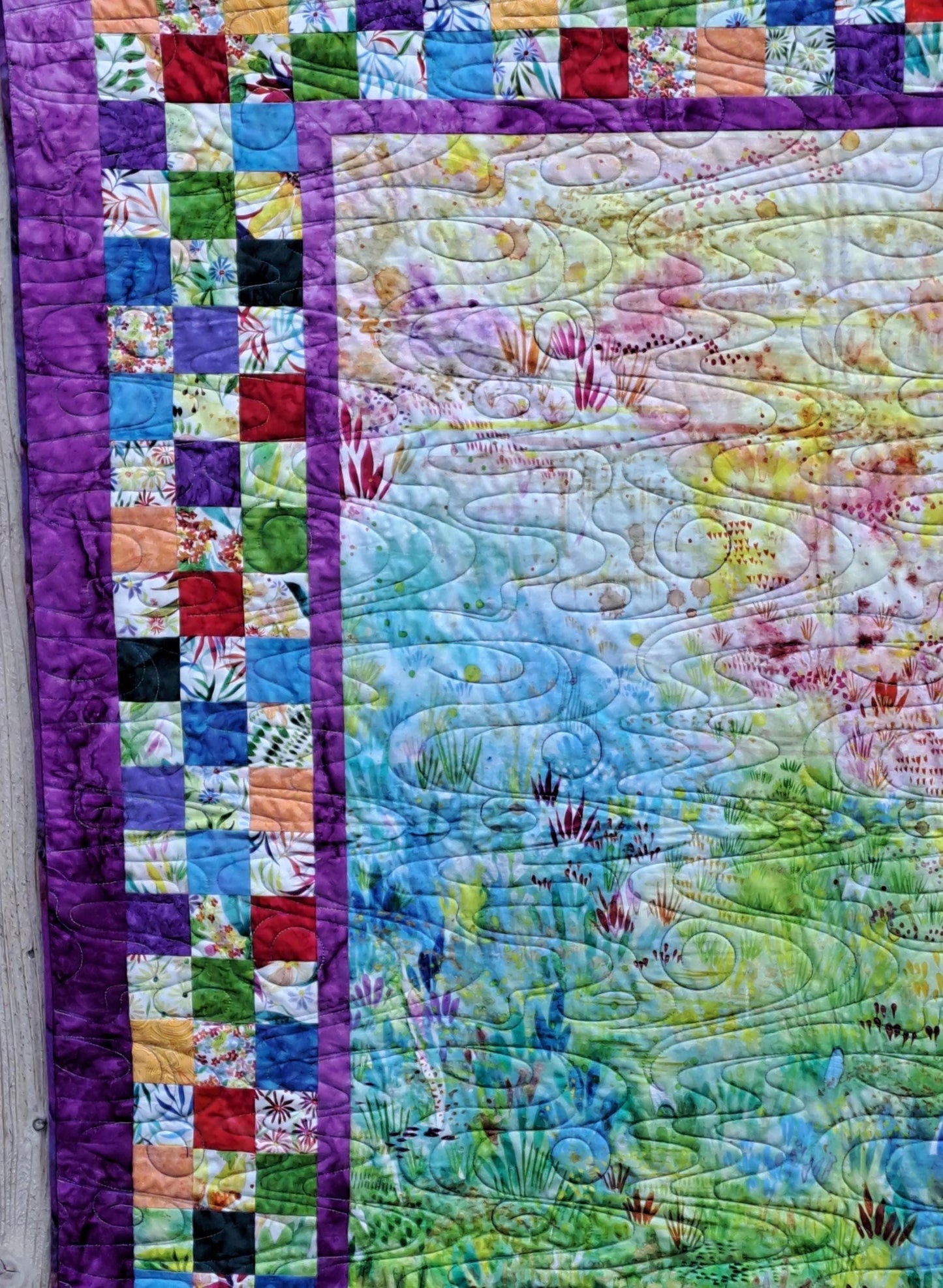 Quilted Throw Handmade Impressionist Spring Garden 49 X 60.5