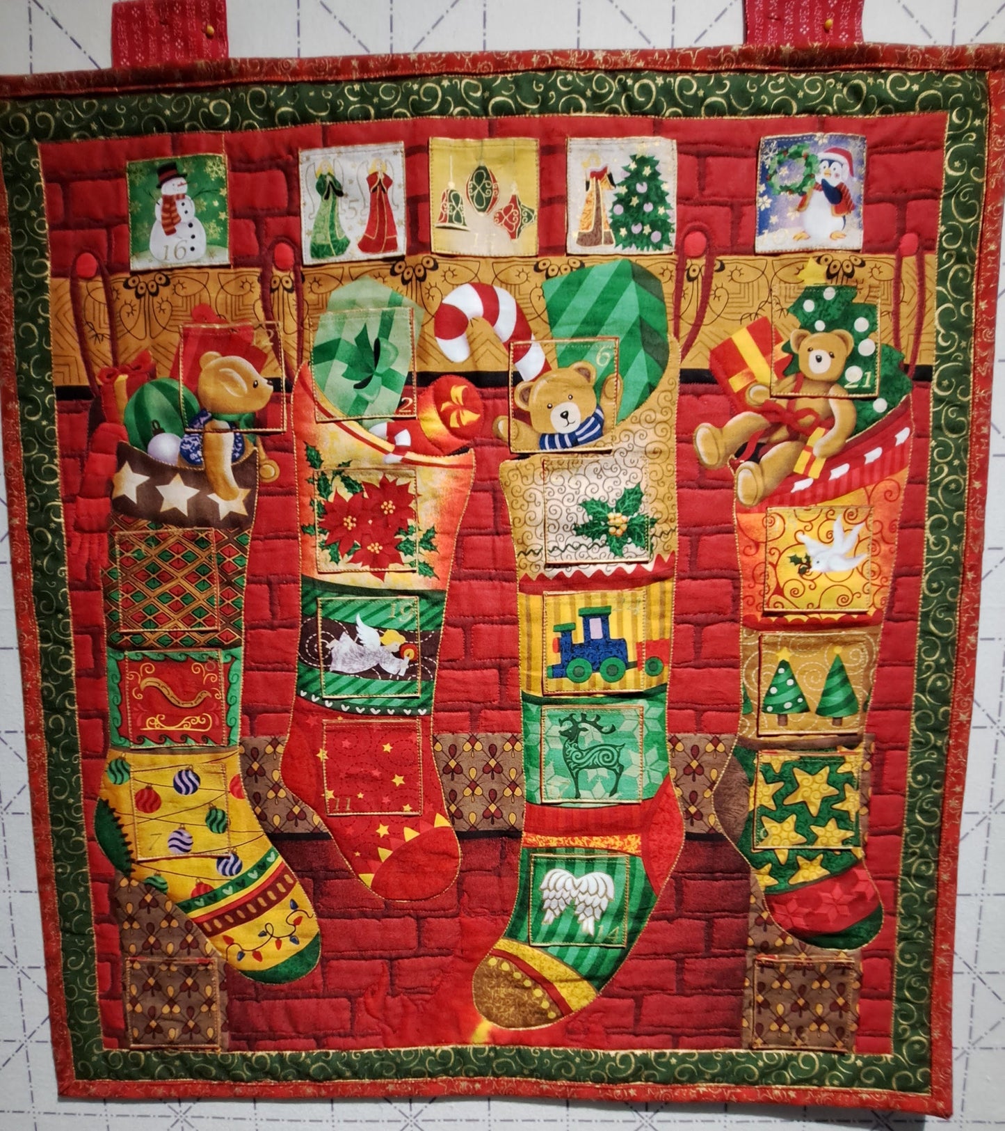 Quilted Fabric Advent Calendar "Stockings on the Hearth" 23" x 25"