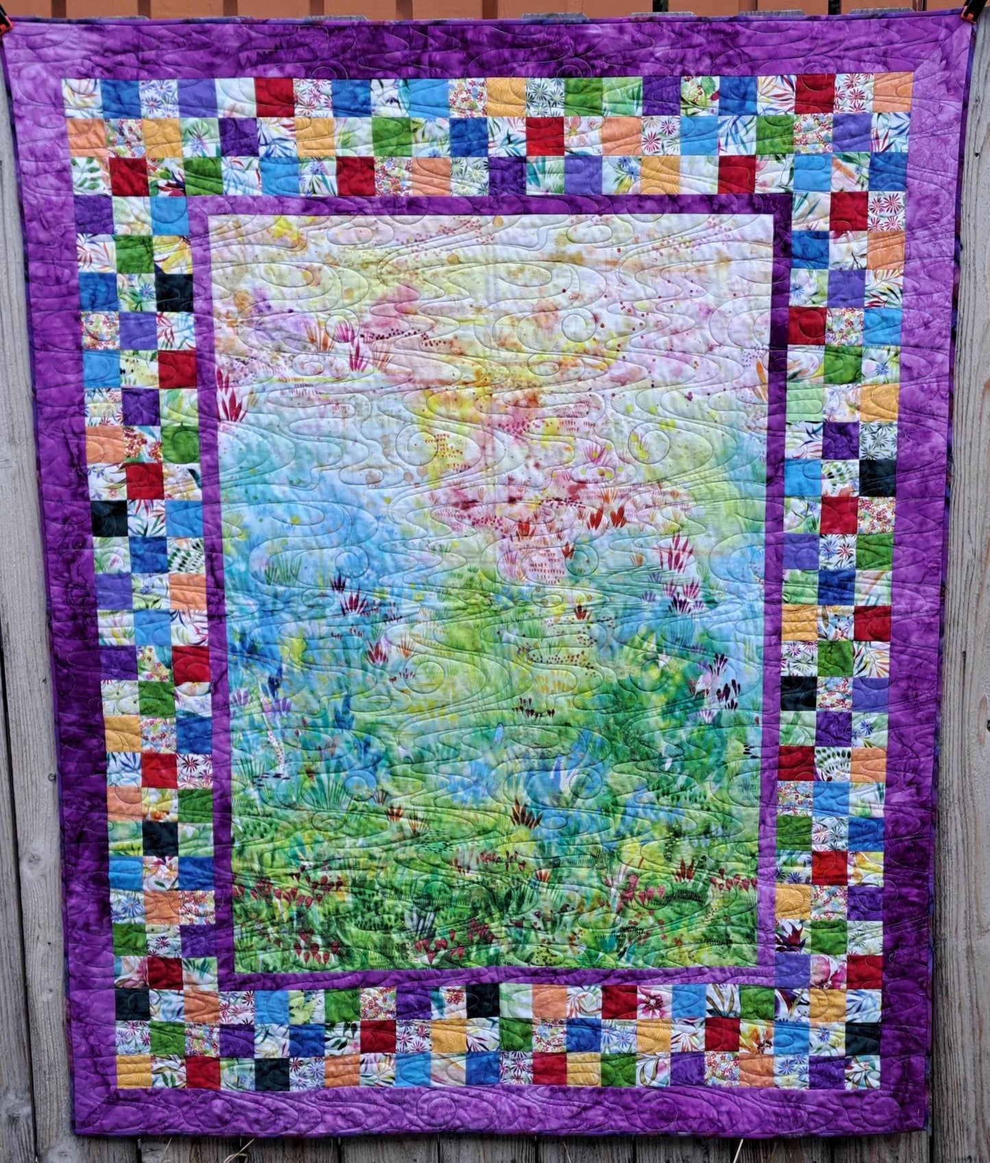 Quilted Throw Handmade Impressionist Spring Garden 49 X 60.5