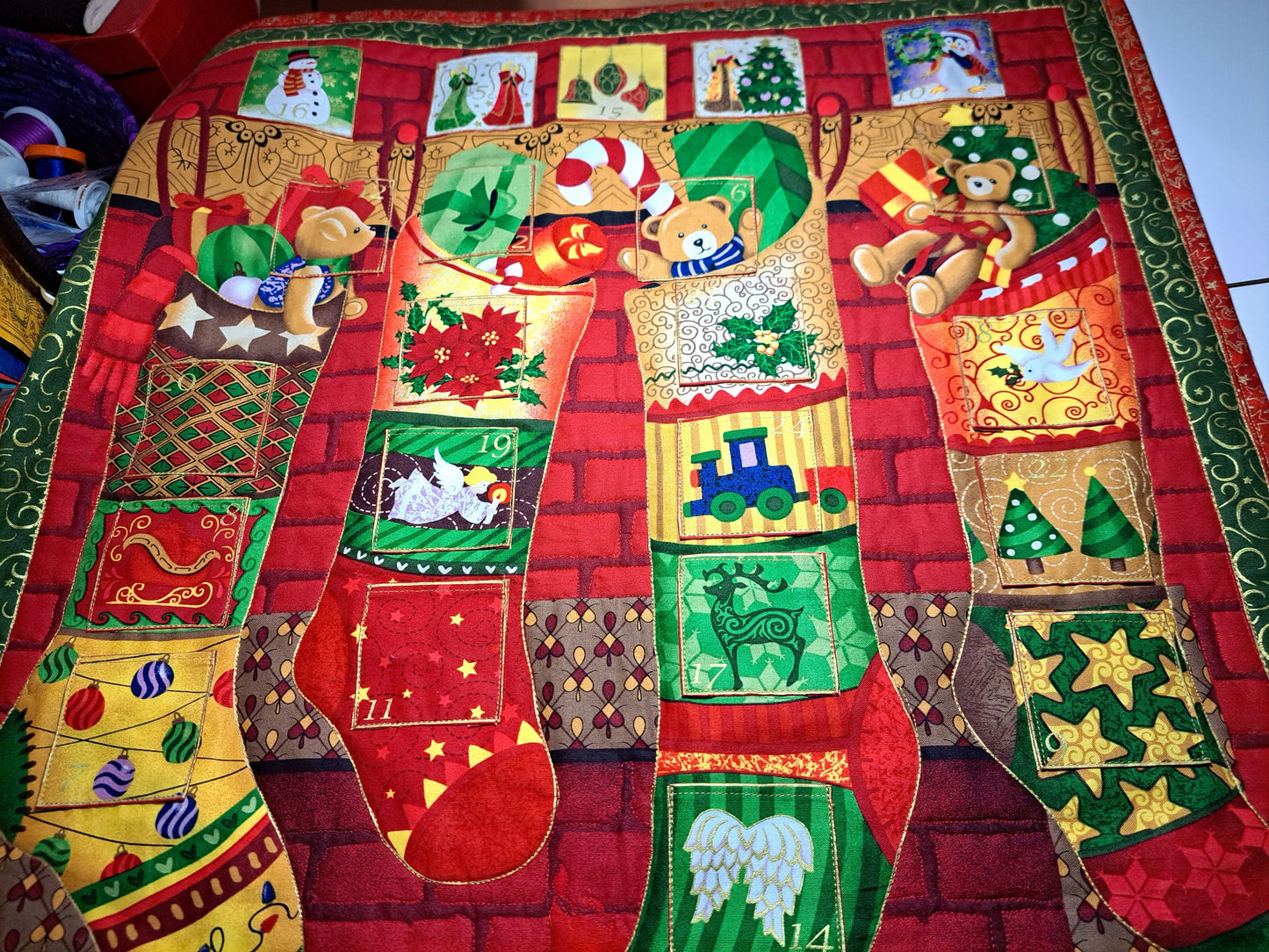 Quilted Fabric Advent Calendar "Stockings on the Hearth" 23" x 25"