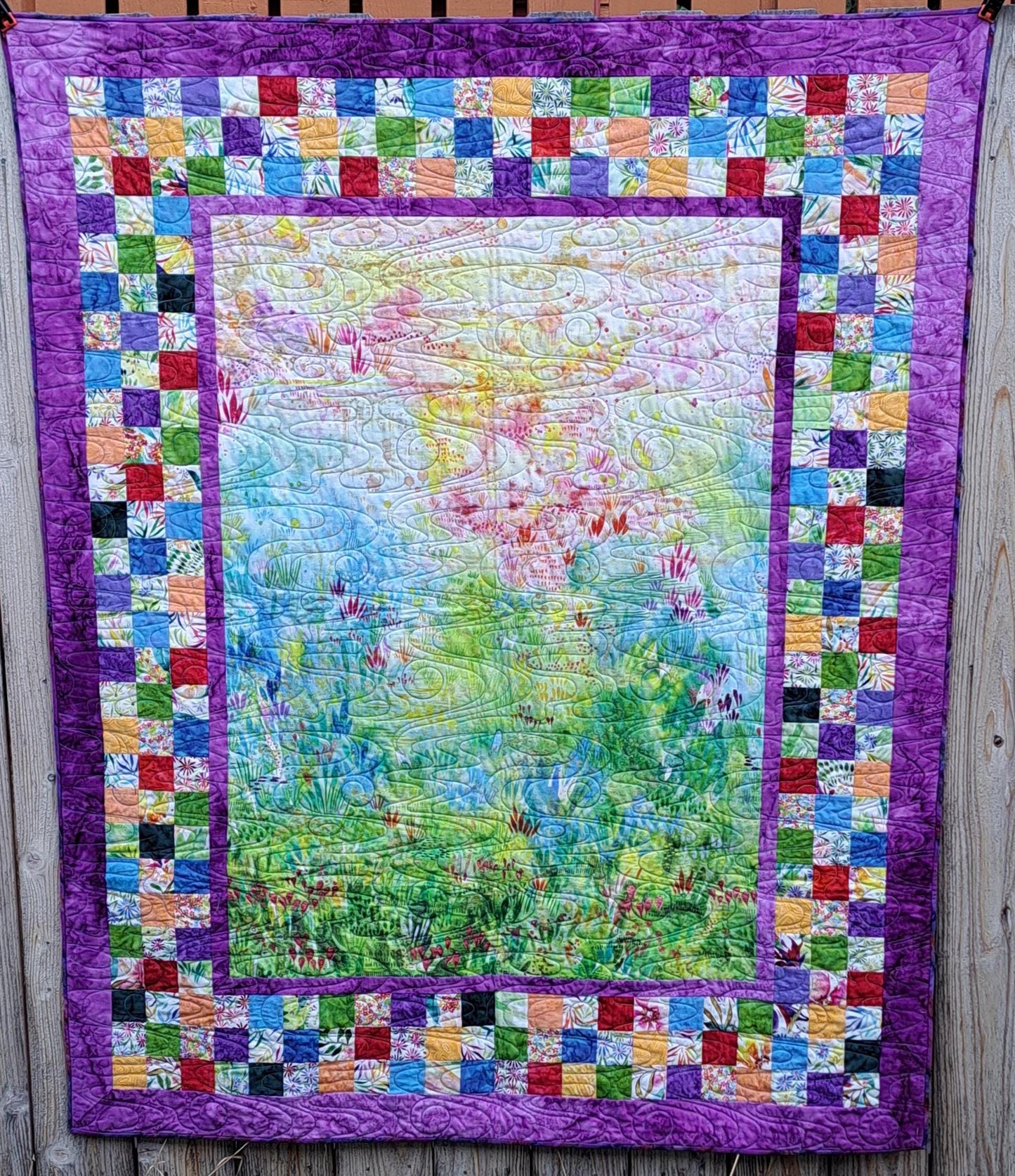 Quilted Throw Handmade Impressionist Spring Garden 49 X 60.5