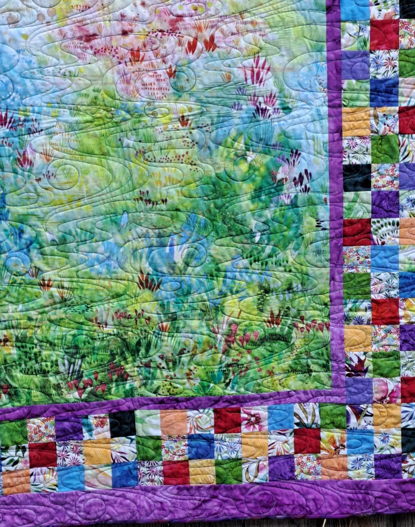 Quilted Throw Handmade Impressionist Spring Garden 49 X 60.5