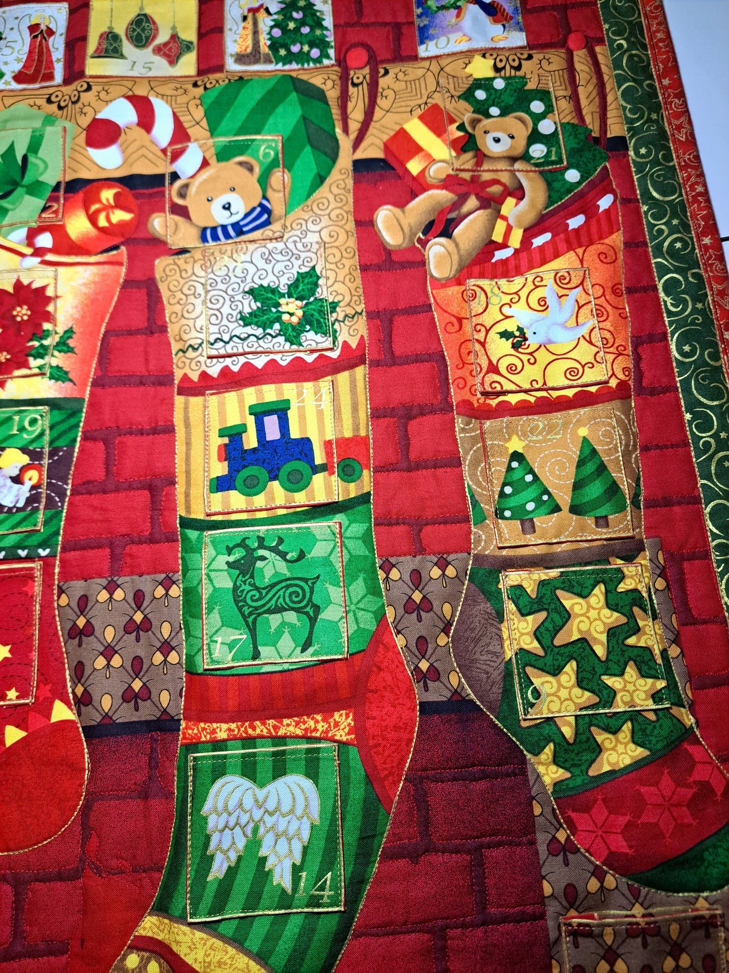 Quilted Fabric Advent Calendar "Stockings on the Hearth" 23" x 25"
