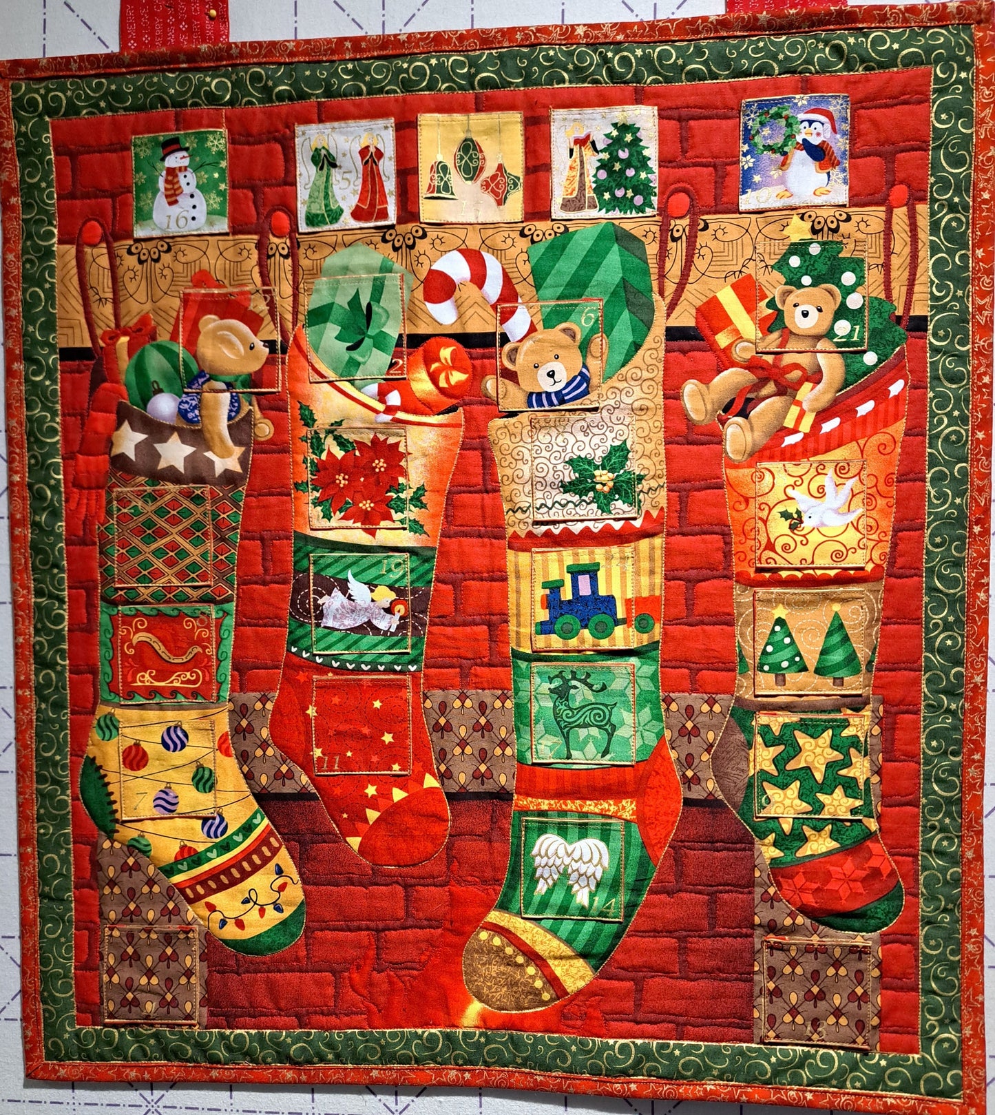 Quilted Fabric Advent Calendar "Stockings on the Hearth" 23" x 25"