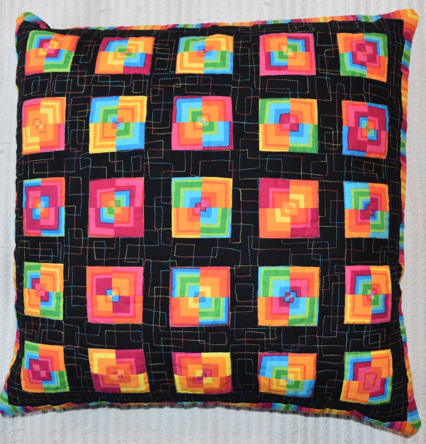 Patchwork Quilted Pillow Cover Sham Handmade Stripes Squared