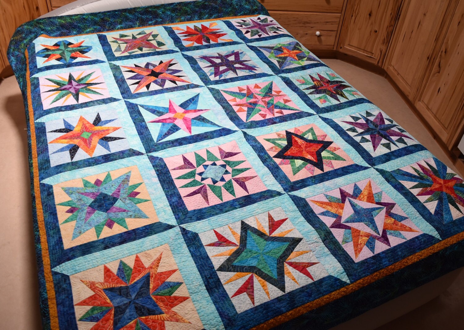 Queen Quilt Handmade Batik Patchwork Mariner's Compass Stars