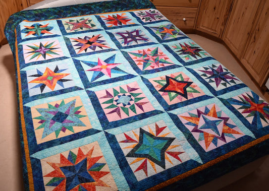 Queen Quilt Handmade Batik Patchwork Mariner's Compass Stars