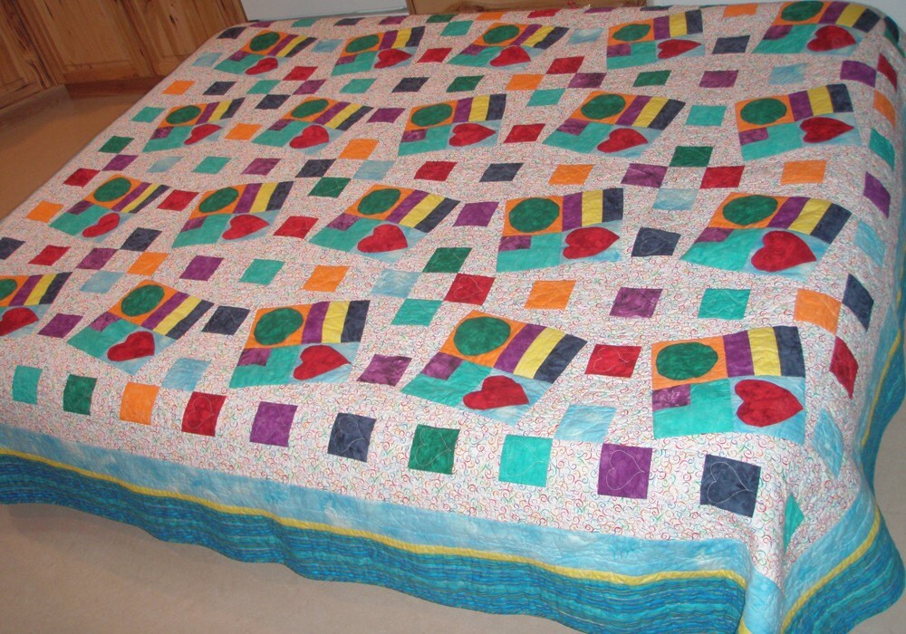 Original Handmade Patchwork Queen King Quilt - Love Party II
