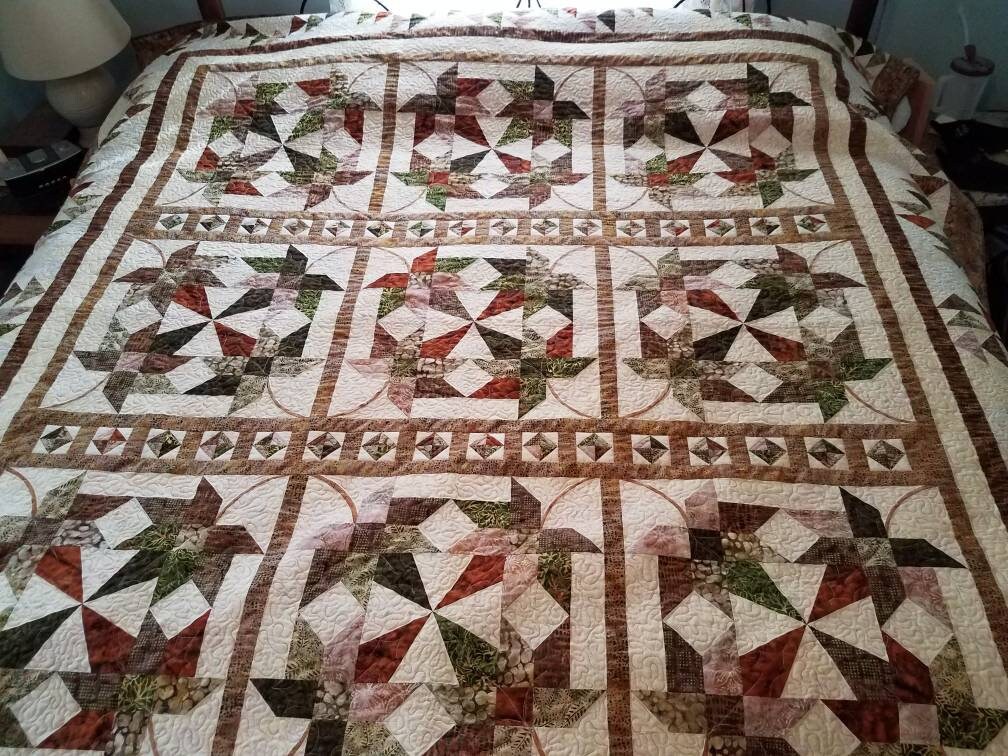 Queen King Quilt Maple Leaves & Gems Batik
