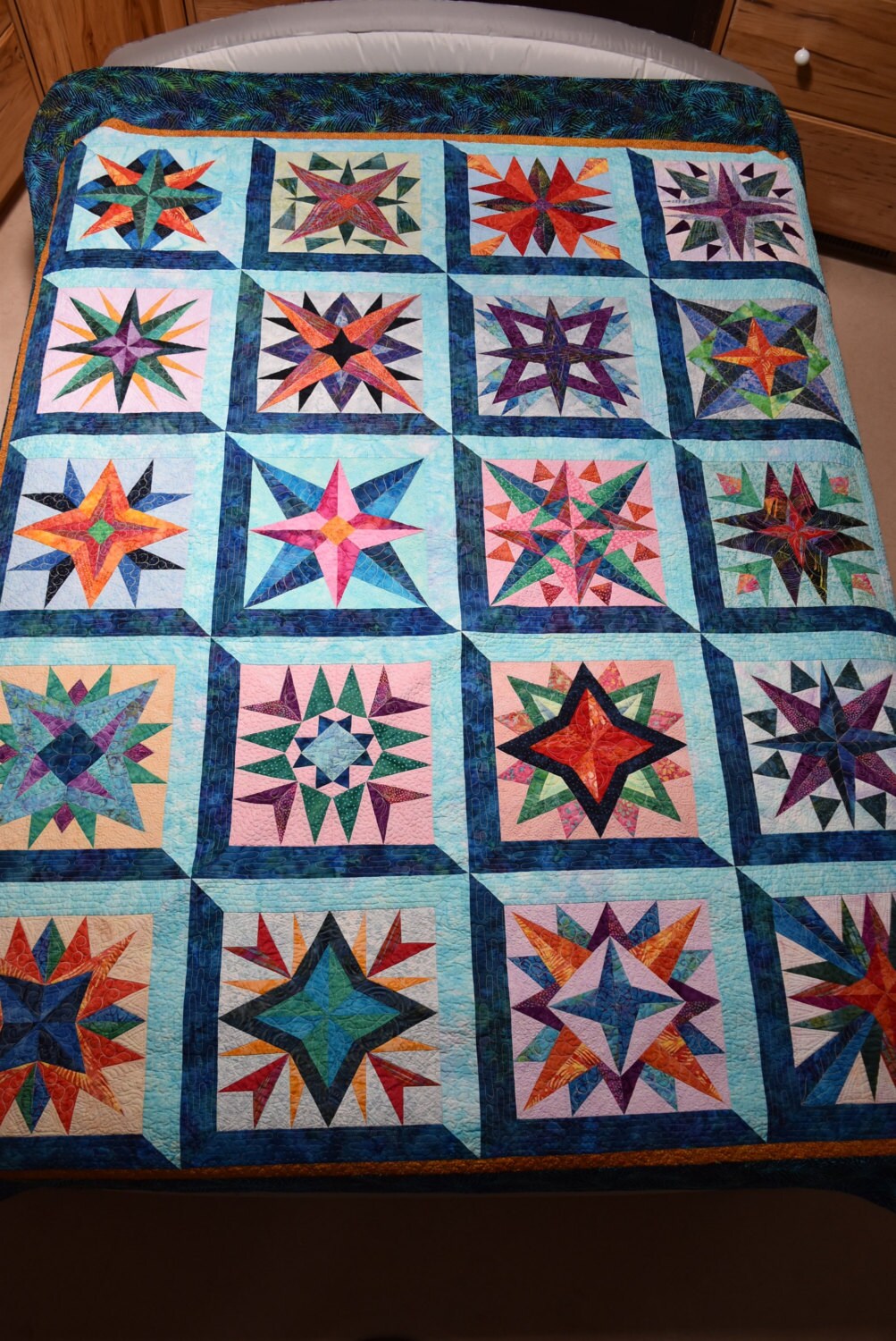 Queen Quilt Handmade Batik Patchwork Mariner's Compass Stars
